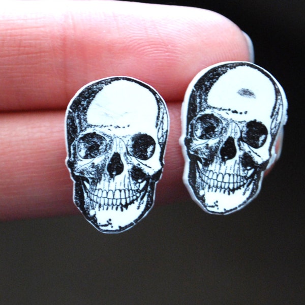 Skull Earrings -- Skull Head Earrings, Skull Studs, Black and White Skulls, Geekery Jewelry