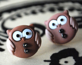 Owl Studs -- Earrings, Brown Chubby Owls, Hoot Hoot