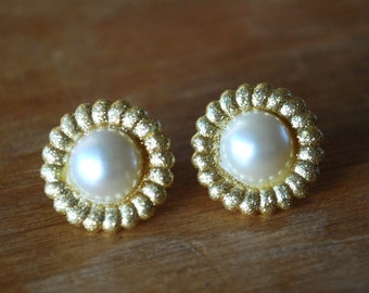 Pearl Studs -- Gold Pearl Earrings, Pearl Earrings, Glittery Pearl Earrings