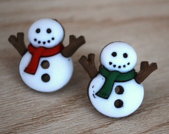 Snowman Earrings -- Snowman Studs, White Snowmen Earrings, Red and Green Scarfed Snowmen