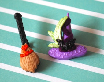 Witch Earrings -- Witch Hat Earrings, Witch Hat Studs, Halloween Jewelry, Purple Witch Hat and Silver Broomstick Studs