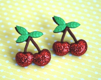 Cherry Earrings -- Red Cherry Earrings, Cherry Studs, Witty Earrings
