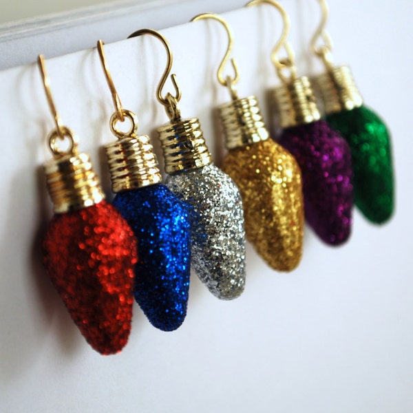 Light Bulb Earrings -- Glittery Color Light Bulb Earrings, Christmas Light Earrings, Pick your favorite color!