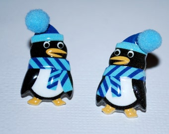 Penguin Studs -- Penguin Earrings, Black and White