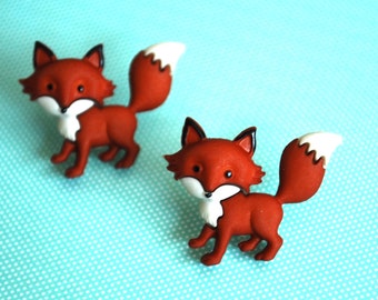 Fox Earrings -- Fox Studs, Orange Fox, Silver