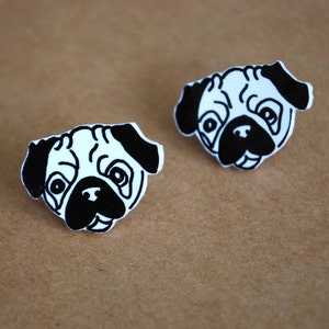 Dog Earrings -- Pug Studs, Pug Earrings, Dog Studs, Black and White, Unique Earrings
