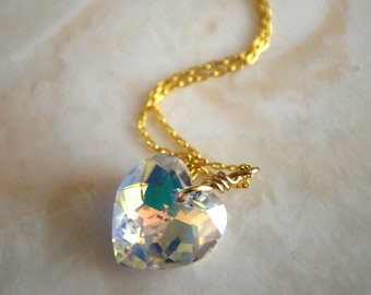 Crystal Heart Necklace -- Swarovski Crystal Heart, Gold Chain