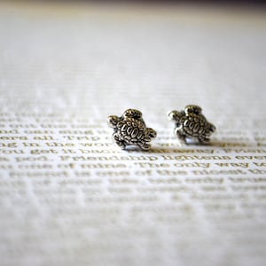 May include: A pair of silver turtle stud earrings. The turtles are facing the same direction and have detailed shell designs.