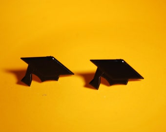 Graduation Cap Earrings -- Studs, Black Hats, Silver