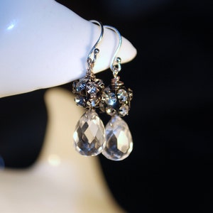 Crystal Rhinestone Drop Earrings --  Black Fire Balls, Crystal Tear Drops, Silver