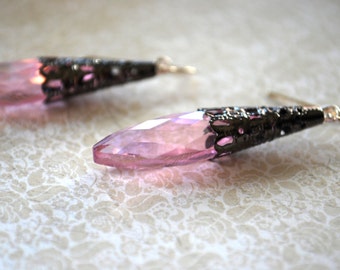 Pink Drop Earrings -- Pink Victorian Earrings, Filigree Earrings, Vintage, Multi-faceted