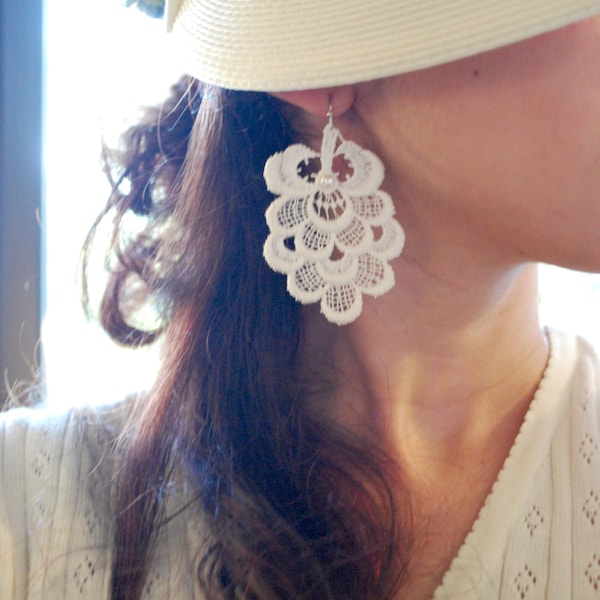 Lace Earrings -- White Lace, Silver, White Pearl