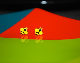 Tiny Bee Earrings -- Studs, Yellow and Black, Silver