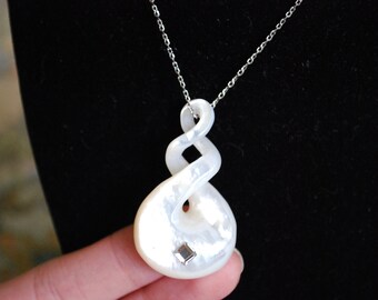 Stunning White Necklace -- Mother of Pearl Twist, Swarovski Crystal, Silver Chain