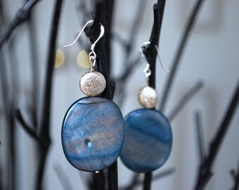 Silver Blue Earrings -- Oval Blue Shells, Silver Lentils, Sterling Silver