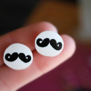 Mustache Studs Earrings, Black and White, Silver image 4
