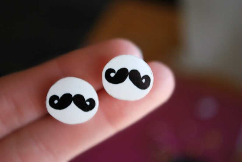 Mustache Studs Earrings, Black and White, Silver image 4