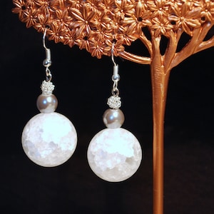 Crackled Quartz Orbit Earrings Smoky Pearls, Snow White Crackled Quartz Dangles, Silver Wire Beads image 1