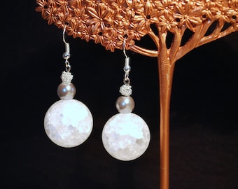Crackled Quartz Orbit Earrings -- Smoky Pearls, Snow White Crackled Quartz Dangles, Silver Wire Beads