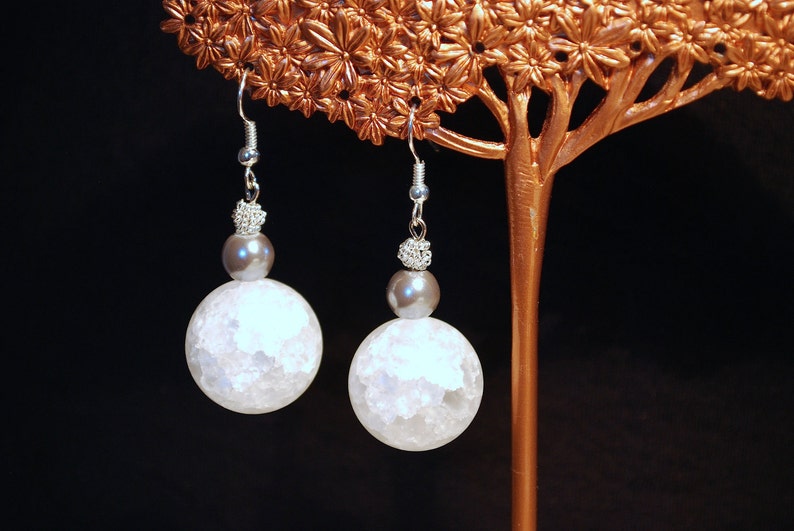 Crackled Quartz Orbit Earrings Smoky Pearls, Snow White Crackled Quartz Dangles, Silver Wire Beads image 1