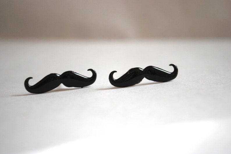 Mustache Earrings Studs, Black Mustaches, Silver, Moustache Studs image 2
