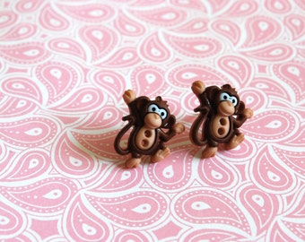 Monkey Earrings -- Brown Monkey Studs, Goofy Monkeys, Monkey Jewelry