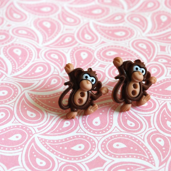 Monkey Earrings -- Brown Monkey Studs, Goofy Monkeys, Monkey Jewelry