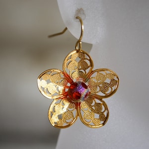 Gold Flower Earrings -- Gold Flowers, Polkadot Glass, Gold