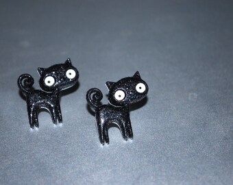 Black Cat Earrings -- Black Cat Studs, Halloween Earrings, Sparkly Black Cats