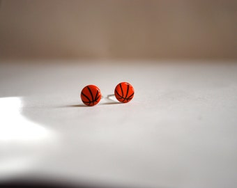 Tiny Basketball Earrings -- Studs, Orange Basketballs, Silver