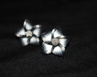 Black Flower Earrings -- Black and White Polymer Clay Flowers, Silver Wire Beads, Silver Studs