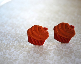 Cupcake Earrings -- Cupcake Studs, Cupcake Jewelry, Cupcake with a Cherry on Top