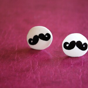 Mustache Studs Earrings, Black and White, Silver image 1