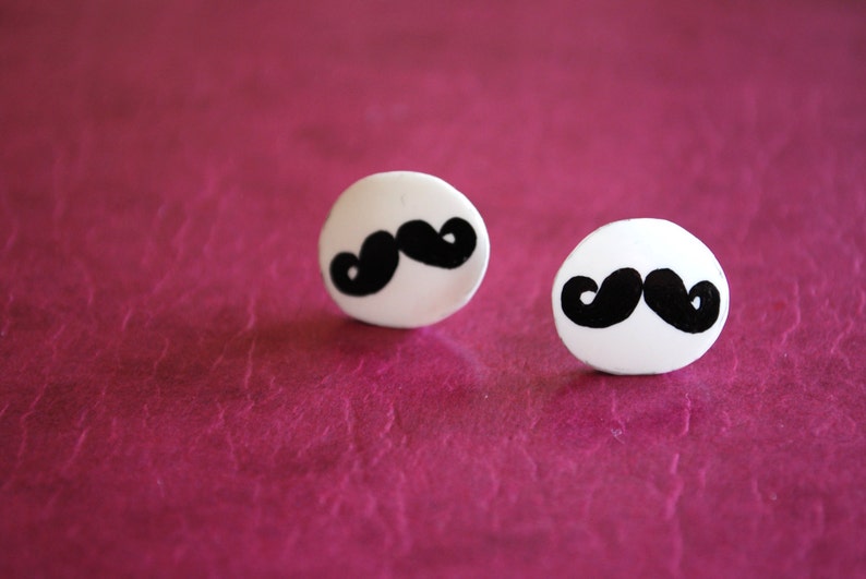 Mustache Studs Earrings, Black and White, Silver image 1