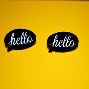 Hello Earrings -- Word Cloud Earrings, Word Bubble Earrings, Hello Studs, Hello Earring, Black & White image 2