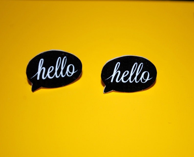 Hello Earrings -- Word Cloud Earrings, Word Bubble Earrings, Hello Studs, Hello Earring, Black & White image 2