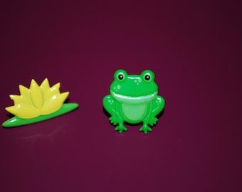 Green Frog Earrings -- Studs, Purple & Yellow Lily Pad Studs, Frog and Lily Earrings, Frog and Lily Studs