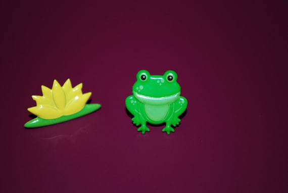 Green Frog Earrings -- Studs, Purple & Yellow Lily Pad Studs, Frog and Lily Earrings, Frog and Lily Studs