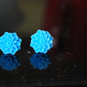 Blue Dahlia Earrings -- Dahlia Studs, Flower Studs, Flower Earrings, Black Flower Earrings
