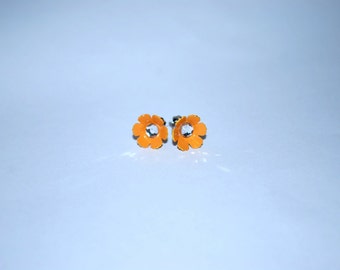 Little Flower Studs -- Orange Metal Flowers, Sparkly Crystal Accent Bead, Silver