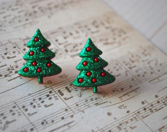 Christmas Tree Earrings -- Christmas Tree Studs, Green Pine Tree Earrings, Xmas Earrings