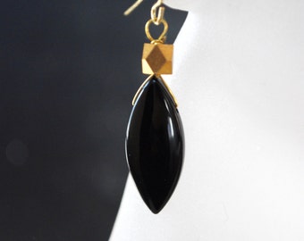 Black Drop Earrings -- Gold Geometric Cube, Black Glass Teardrops, Gold