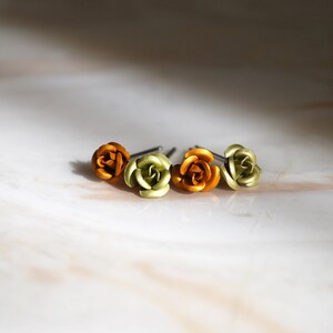 Tiny Rose Studs - Yellow, Green, Sterling Silver