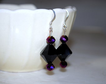 Black Crystal Earrings -- Purple and Black Earrings, Purple Crystals, Silver, Dangly Earrings, Little Black Dress