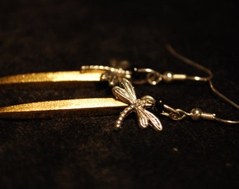 Modern Gold Earrings -- Shimmering Gold Daggers, Silver Dragonflies, Long Gold and Silver Earrings, Black Beads