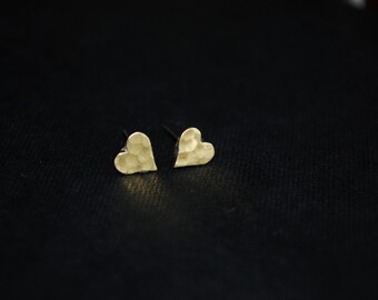Gold Heart Studs -- Tiny Brass Hearts, Silver