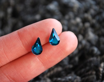 Blue Crystal Earrings -- Crystals, Blue Teardrop, Silver