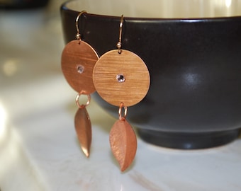Bronze Leaf Earrings -- Bronze Leaves, Circles, Swarovski Crystals, Boho earrings