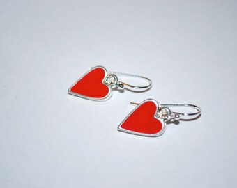 Sweet heart Earrings -- Red Hearts, Silver