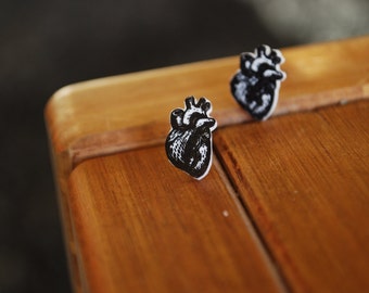Heart Earrings -- Anatomical Heart Earrings, Anatomically Correct Heart Studs, Nurse, Doctor, Classic Black & White